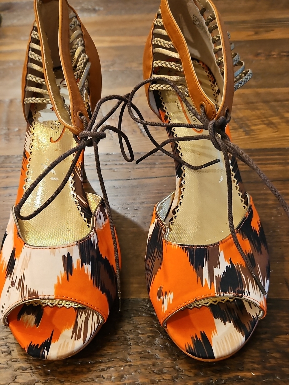Vintage Poetic Licence Women’s Orange Patterned Lace-Up Peep-Toe Heels